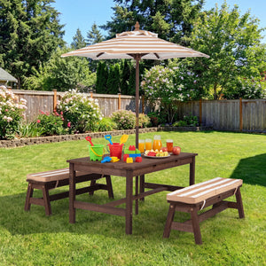 Outdoor Wooden Kids Picnic Table with Removable Umbrella and Cushions-Coffee view 3