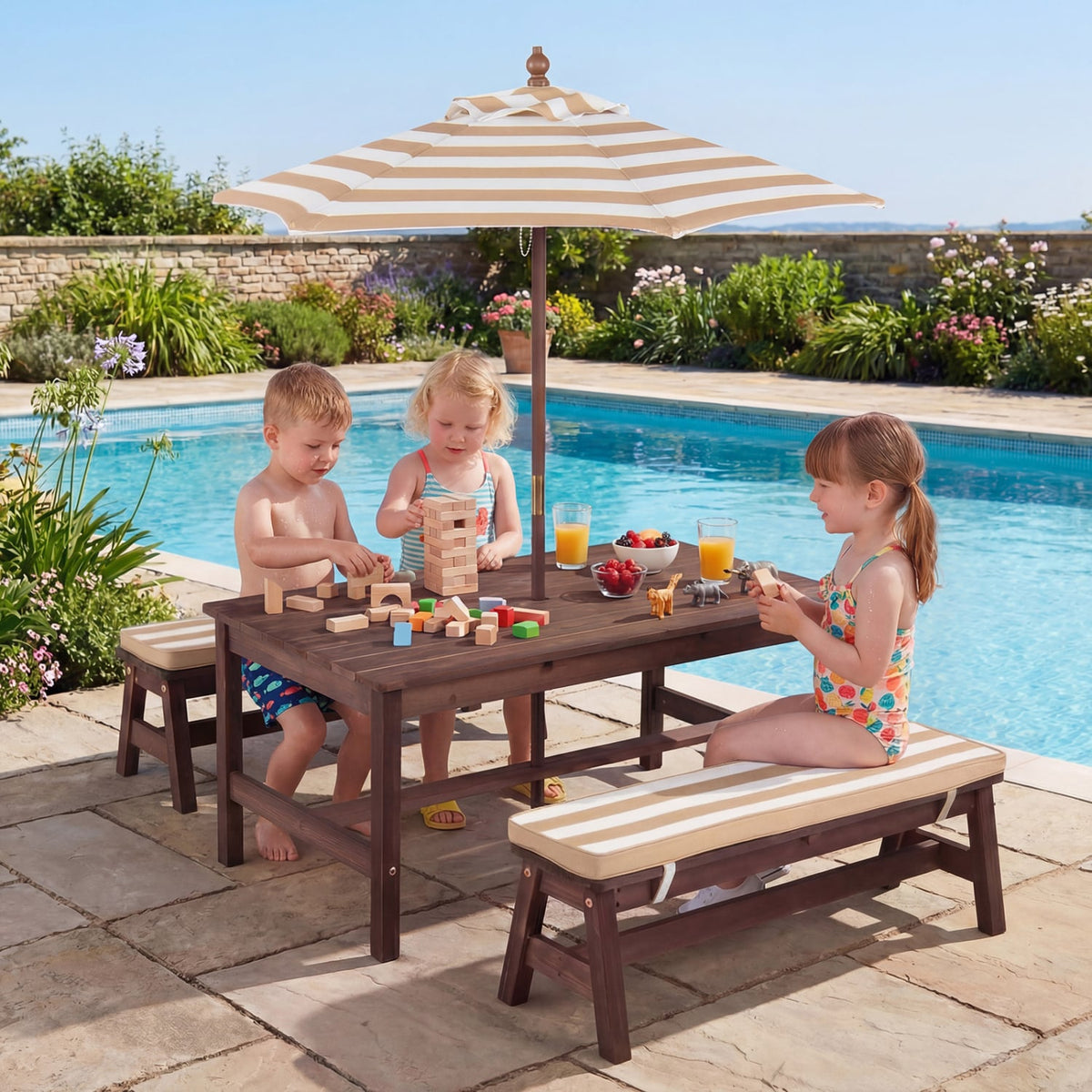 Outdoor Wooden Kids Picnic Table with Removable Umbrella and Cushions-Coffee view 6