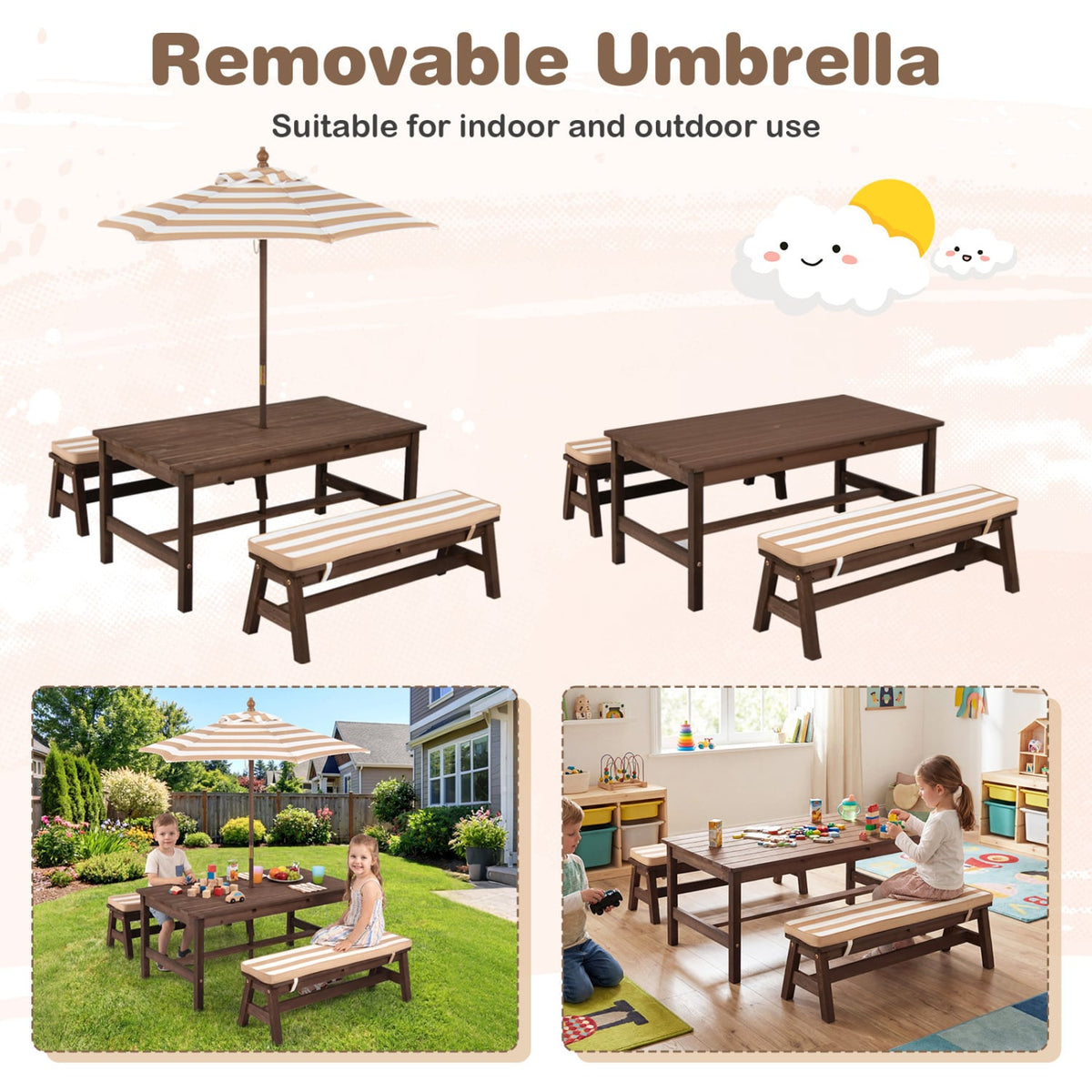 Outdoor Wooden Kids Picnic Table with Removable Umbrella and Cushions-Coffee view 7
