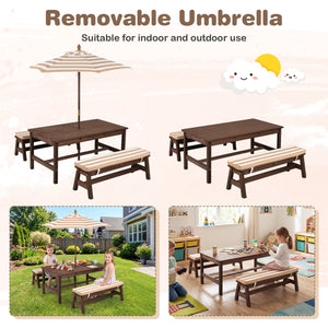 Outdoor Wooden Kids Picnic Table with Removable Umbrella and Cushions-Coffee view 7