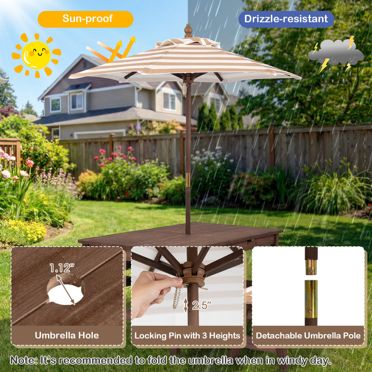 Outdoor Wooden Kids Picnic Table with Removable Umbrella and Cushions-Coffee view 8