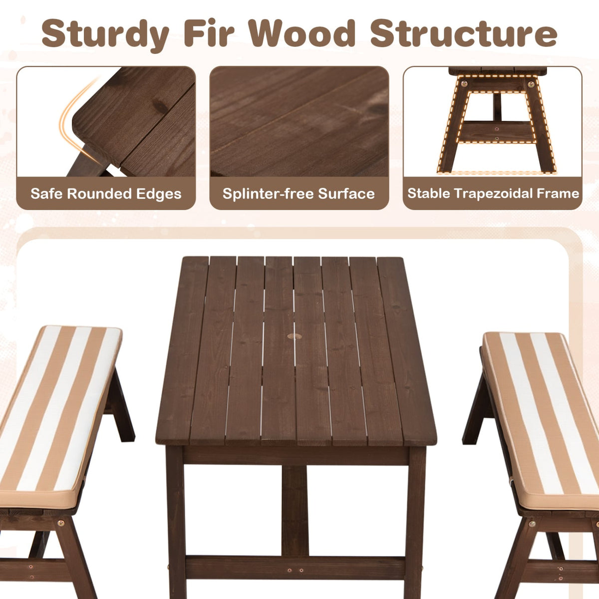 Outdoor Wooden Kids Picnic Table with Removable Umbrella and Cushions-Coffee view 9