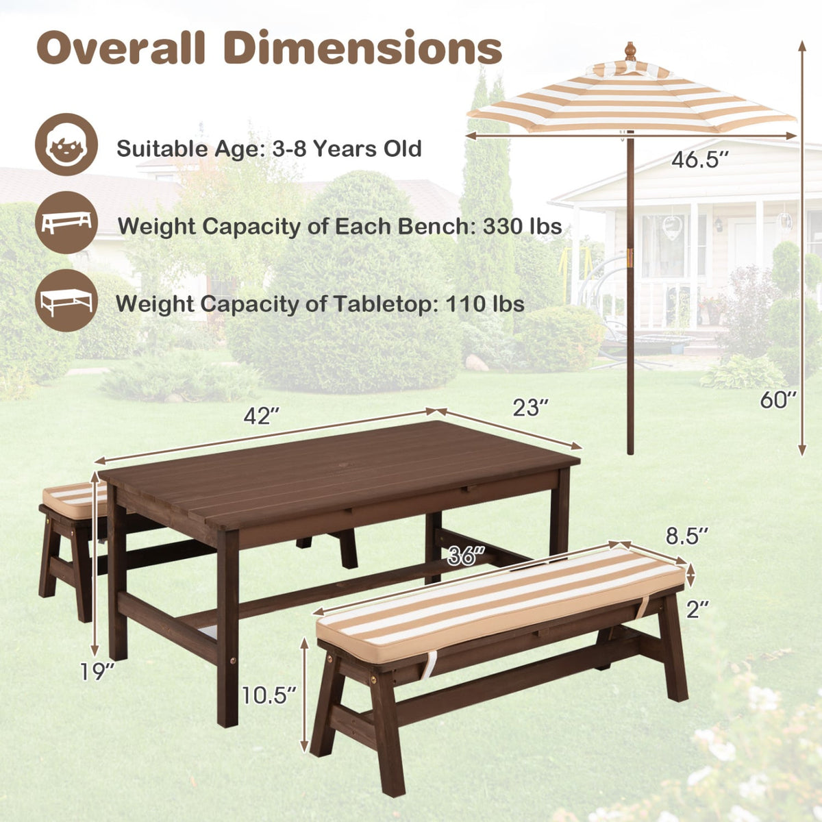 Outdoor Wooden Kids Picnic Table with Removable Umbrella and Cushions-Coffee view 5