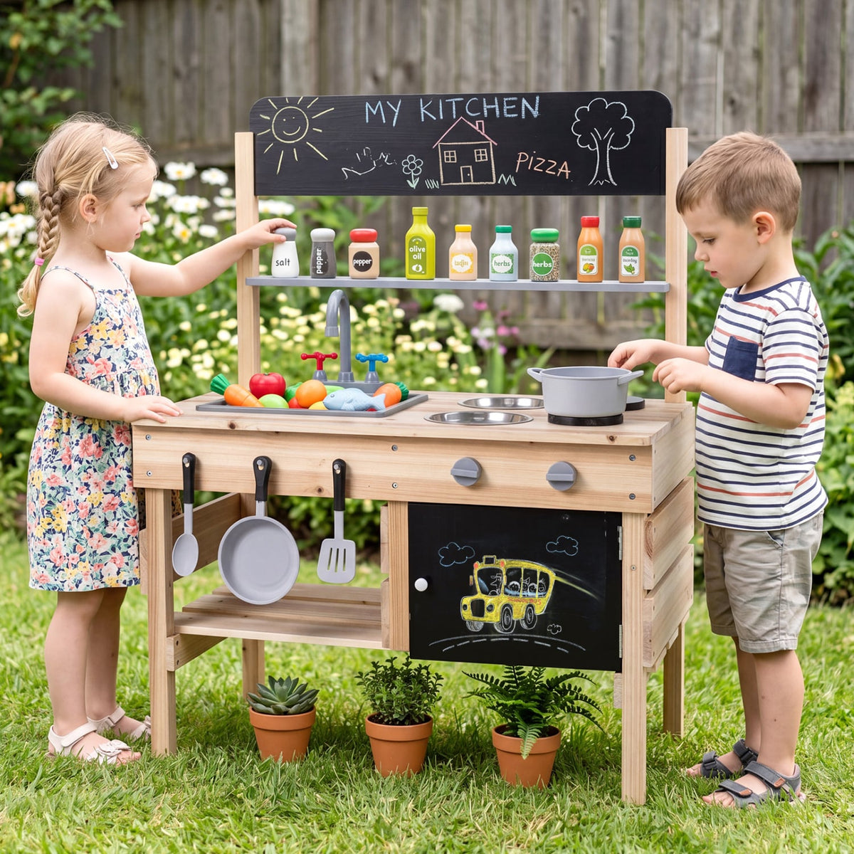 Outdoor Wooden Mud Kitchen for Kids with Sink and Stoves-Natural view 2