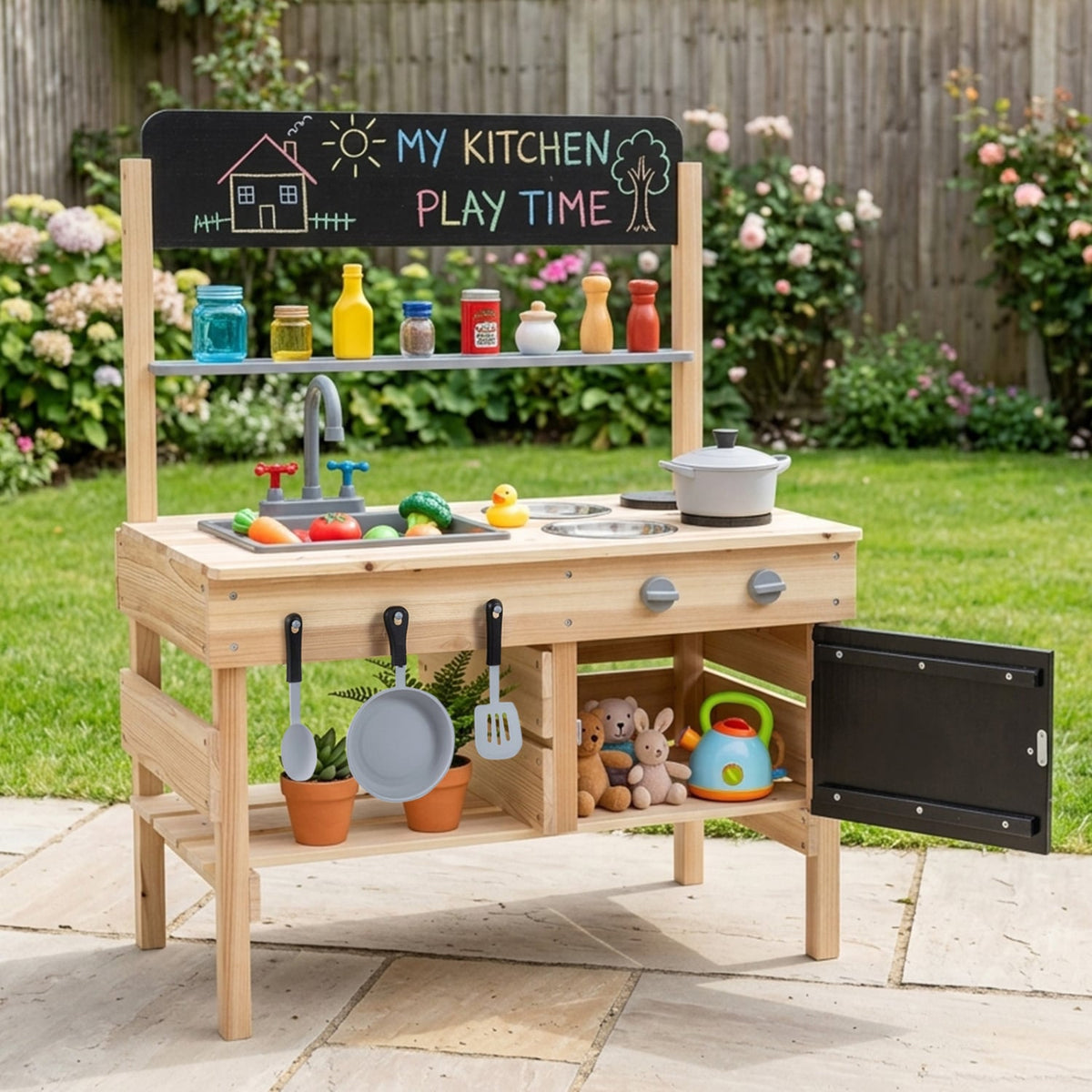 Outdoor Wooden Mud Kitchen for Kids with Sink and Stoves-Natural view 3