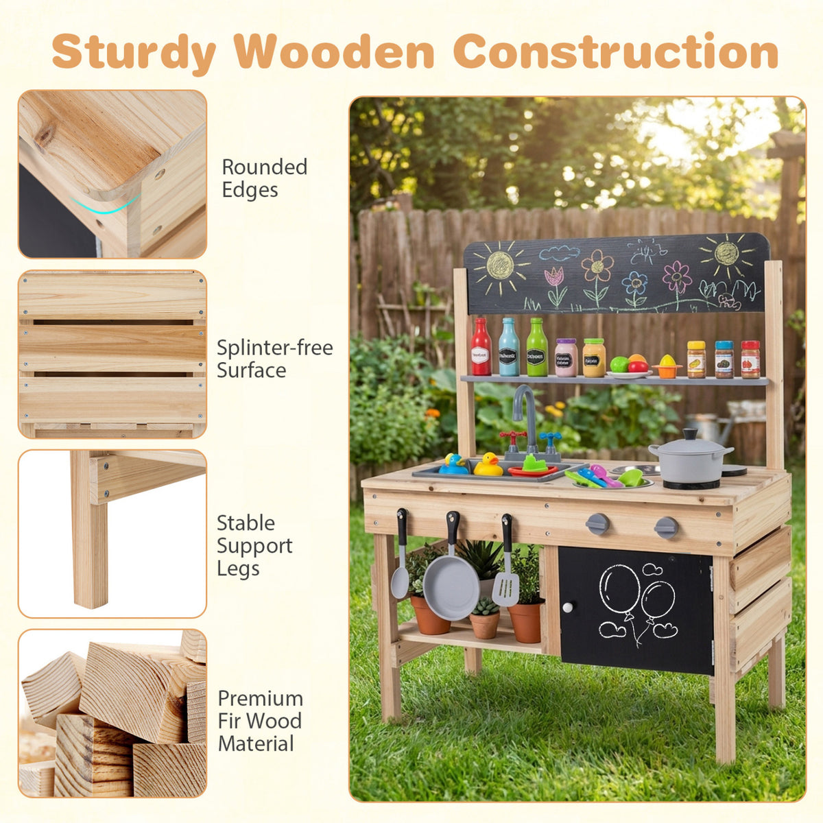 Outdoor Wooden Mud Kitchen for Kids with Sink and Stoves-Natural view 9