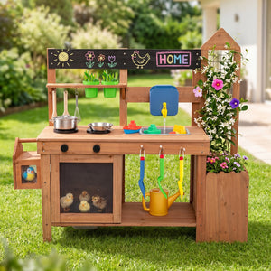 Outdoor Wooden Mud Kitchen with Planter Box and Sink for Toddlers-Natural view 2