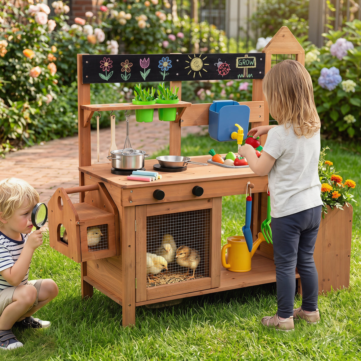 Outdoor Wooden Mud Kitchen with Planter Box and Sink for Toddlers-Natural view 3