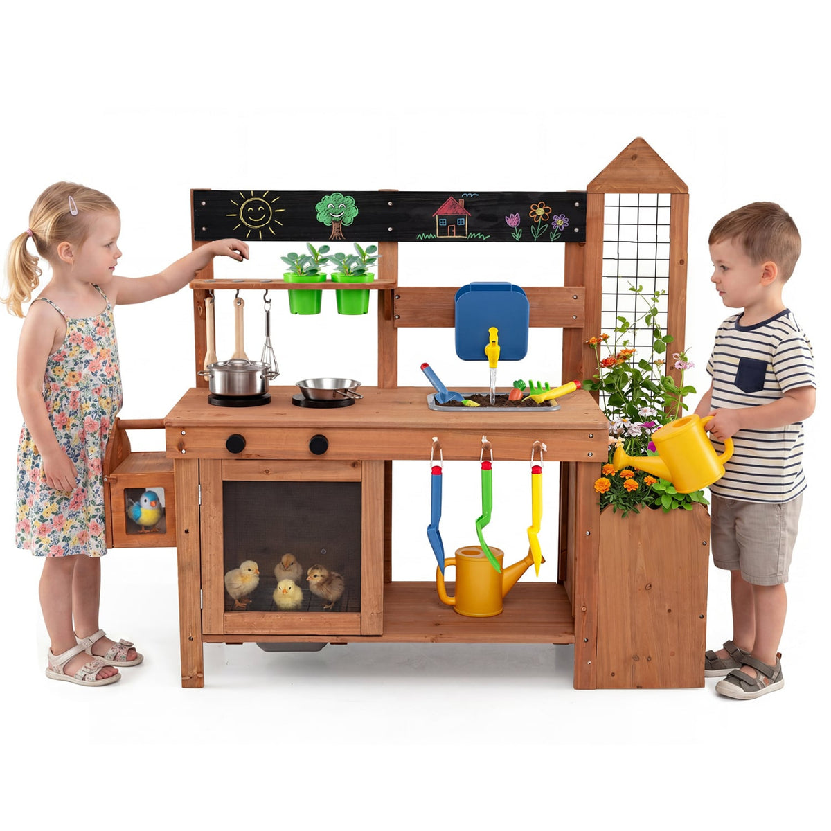 Outdoor Wooden Mud Kitchen with Planter Box and Sink for Toddlers-Natural view 4