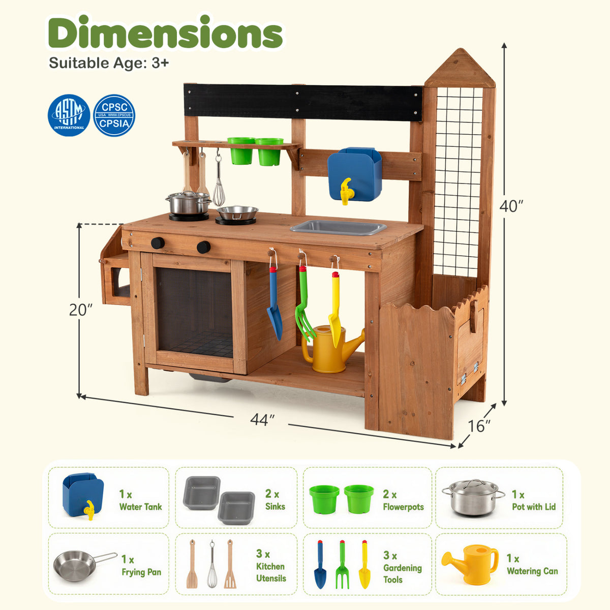 Outdoor Wooden Mud Kitchen with Planter Box and Sink for Toddlers-Natural view 5