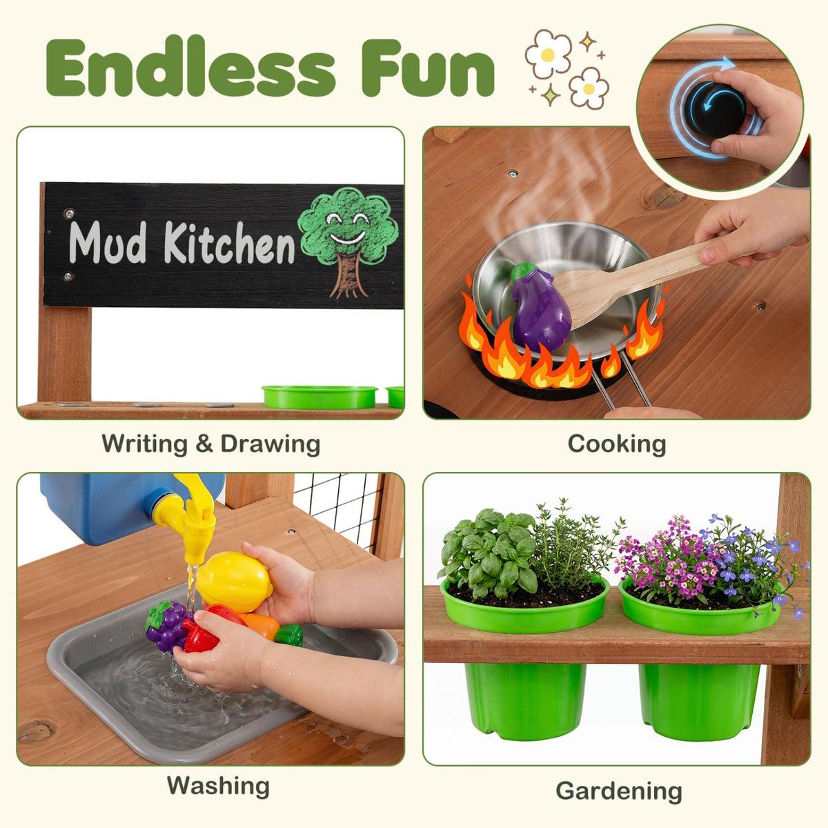 Outdoor Wooden Mud Kitchen with Planter Box and Sink for Toddlers-Natural view 6
