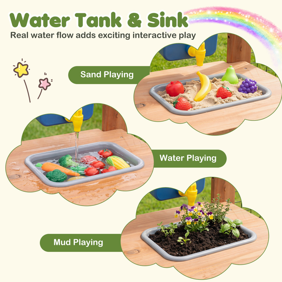 Outdoor Wooden Mud Kitchen with Planter Box and Sink for Toddlers-Natural view 7