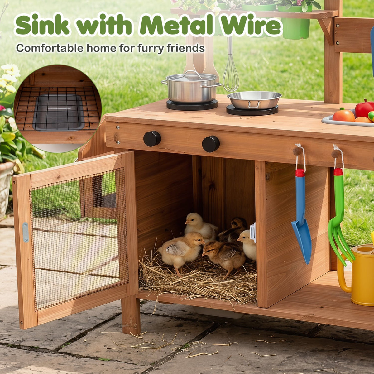 Outdoor Wooden Mud Kitchen with Planter Box and Sink for Toddlers-Natural view 8