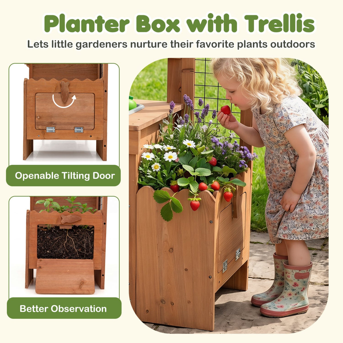 Outdoor Wooden Mud Kitchen with Planter Box and Sink for Toddlers-Natural view 9