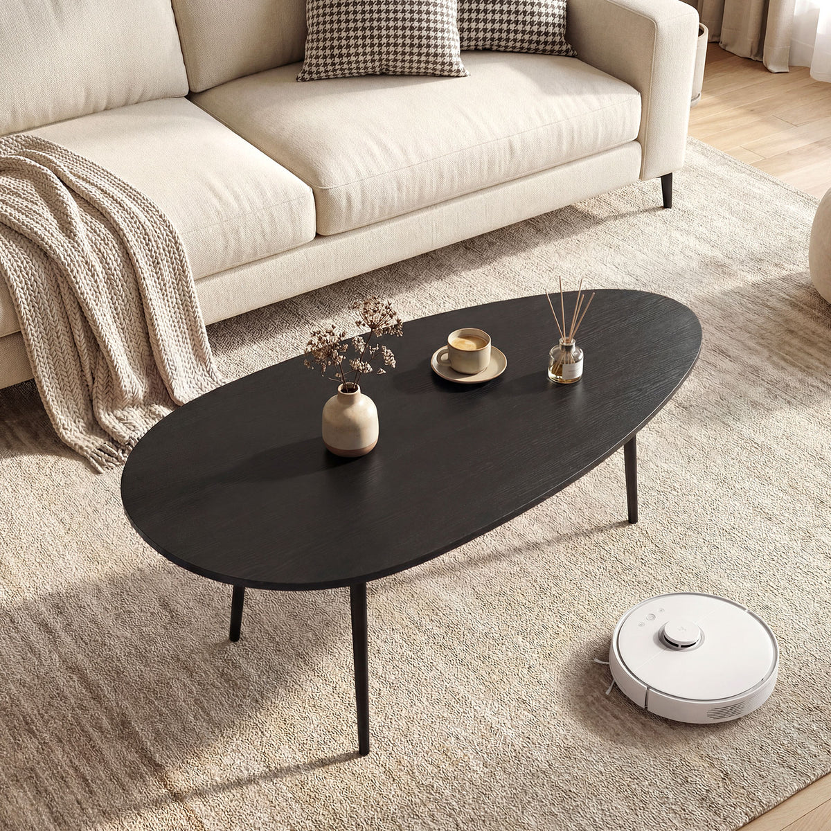 Oval Coffee Table Mid Century Center Table with Sturdy Metal Construction-Black view 2
