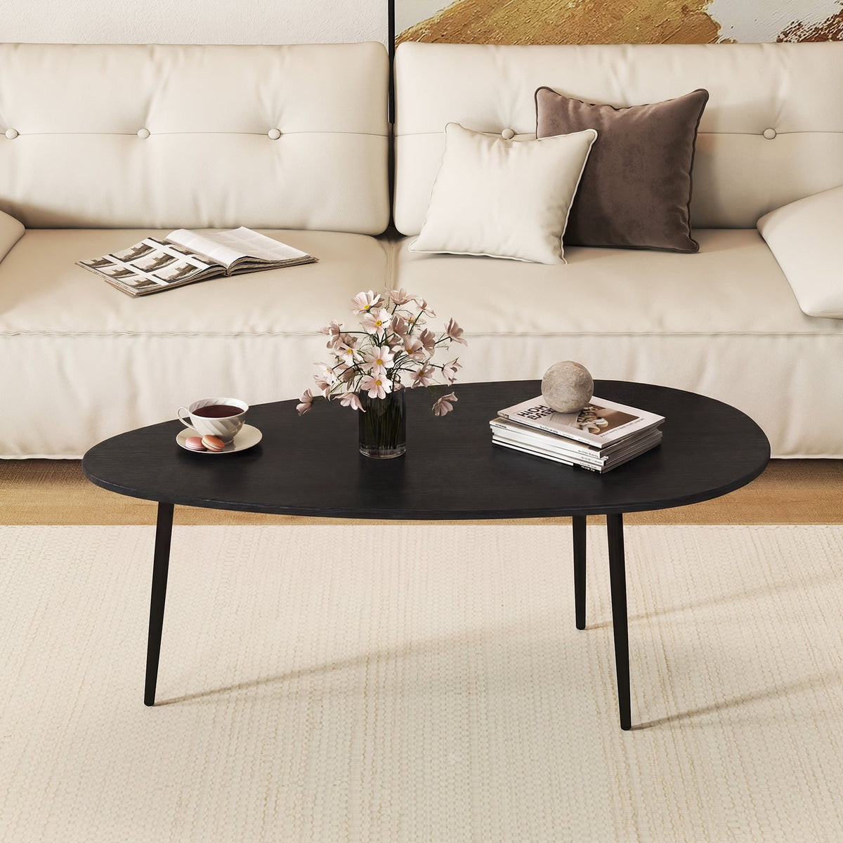 Oval Coffee Table Mid Century Center Table with Sturdy Metal Construction-Black view 3