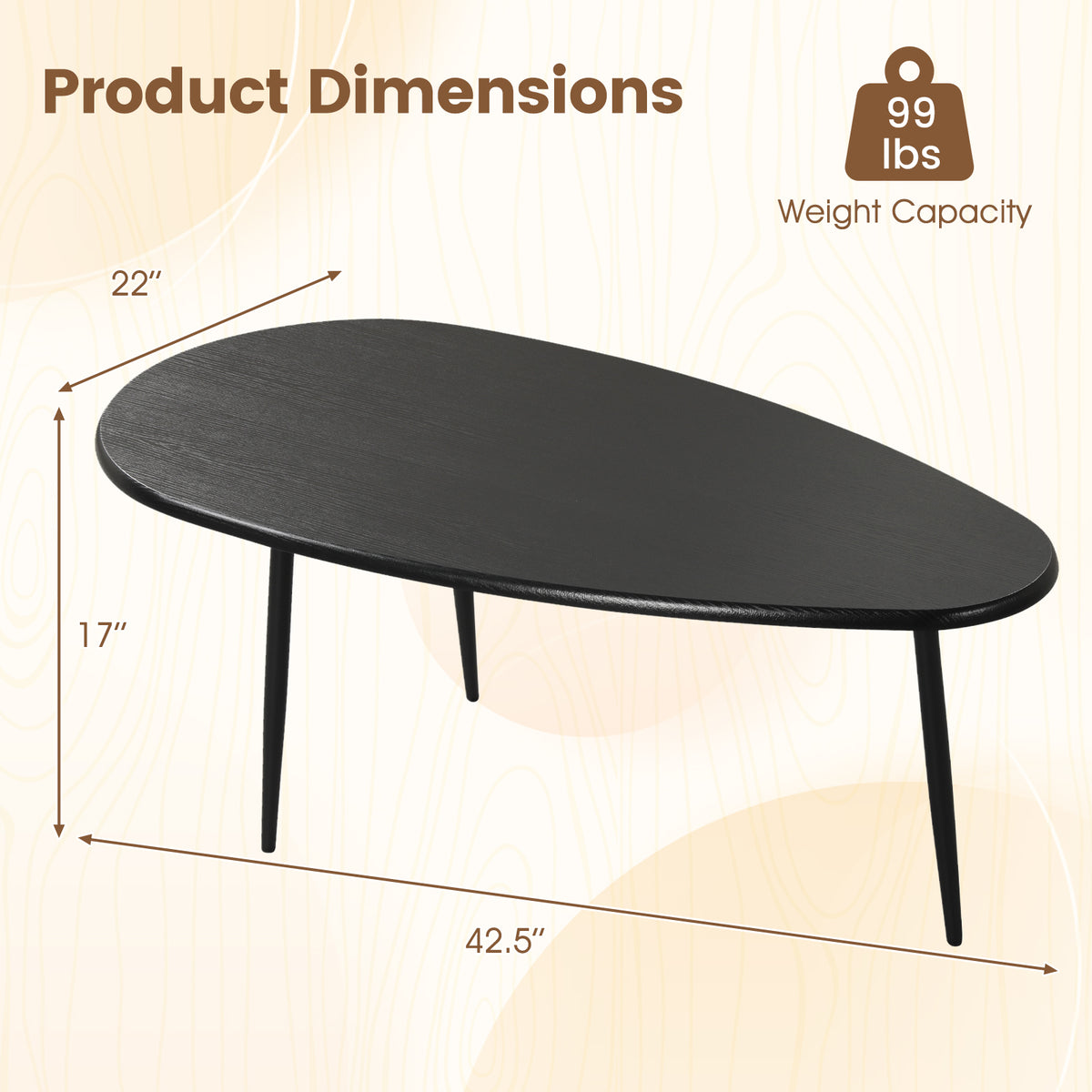 Oval Coffee Table Mid Century Center Table with Sturdy Metal Construction-Black view 5