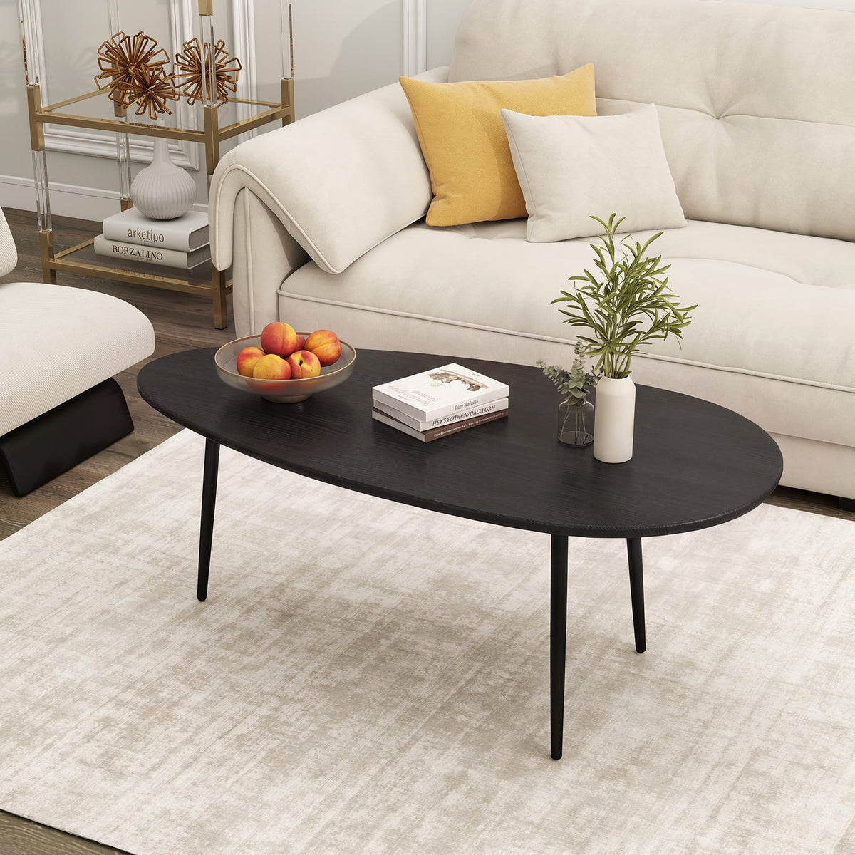 Oval Coffee Table Mid Century Center Table with Sturdy Metal Construction-Black view 7