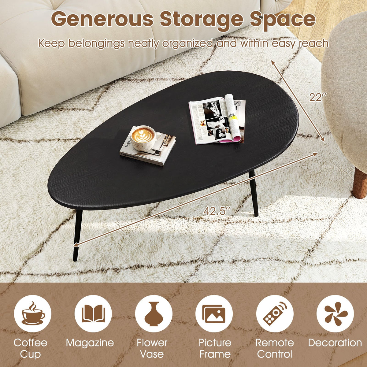 Oval Coffee Table Mid Century Center Table with Sturdy Metal Construction-Black view 9