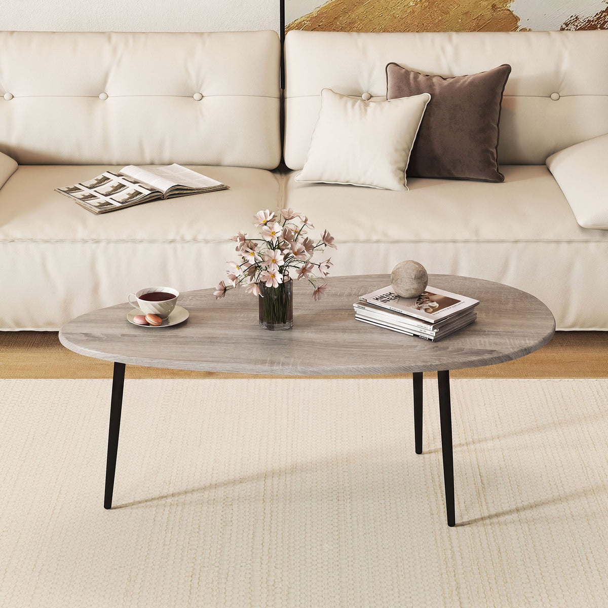 Oval Coffee Table Mid Century Center Table with Sturdy Metal Construction-Gray view 3