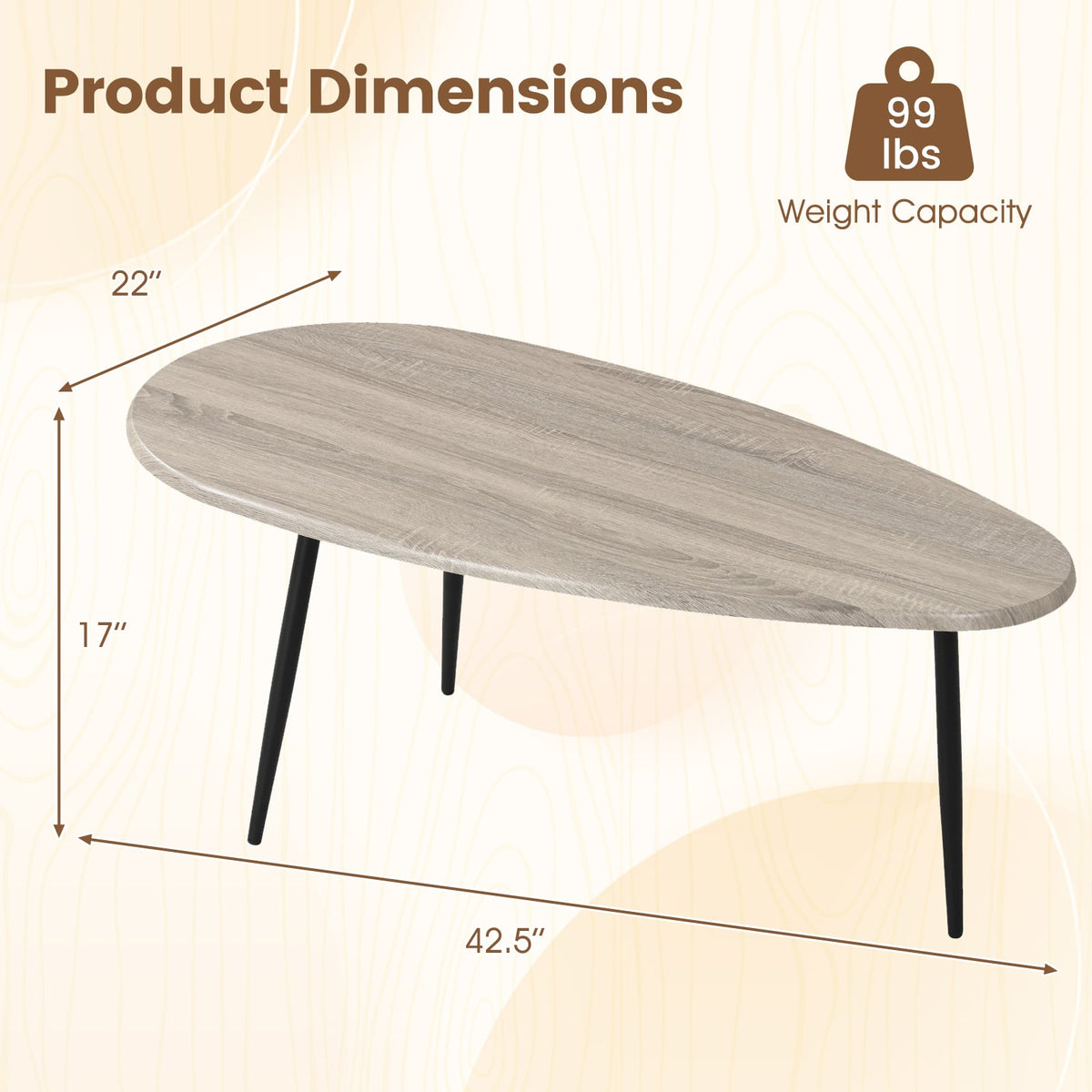 Oval Coffee Table Mid Century Center Table with Sturdy Metal Construction-Gray view 5