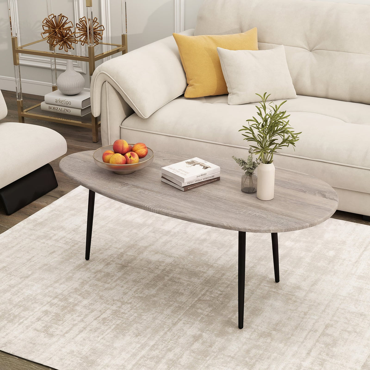 Oval Coffee Table Mid Century Center Table with Sturdy Metal Construction-Gray view 7