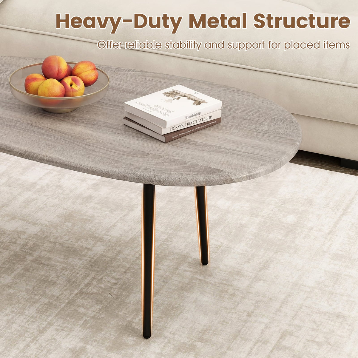 Oval Coffee Table Mid Century Center Table with Sturdy Metal Construction-Gray view 8