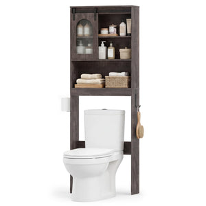 Over Toilet Storage Cabinet with Sliding Barn Door and Open Shelves for Bathroom-Oak view 4