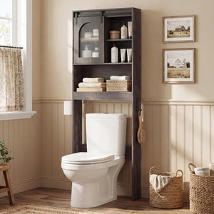 Over Toilet Storage Cabinet with Sliding Barn Door and Open Shelves for Bathroom-Oak view 2