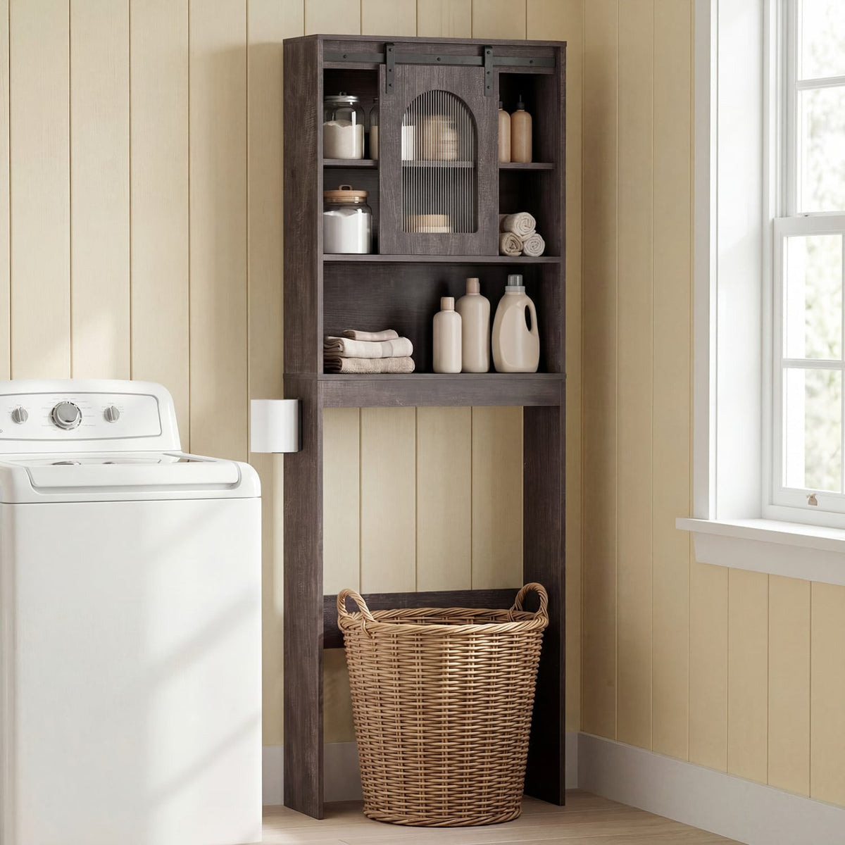 Over Toilet Storage Cabinet with Sliding Barn Door and Open Shelves for Bathroom-Oak view 6