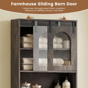 Over Toilet Storage Cabinet with Sliding Barn Door and Open Shelves for Bathroom-Oak view 8