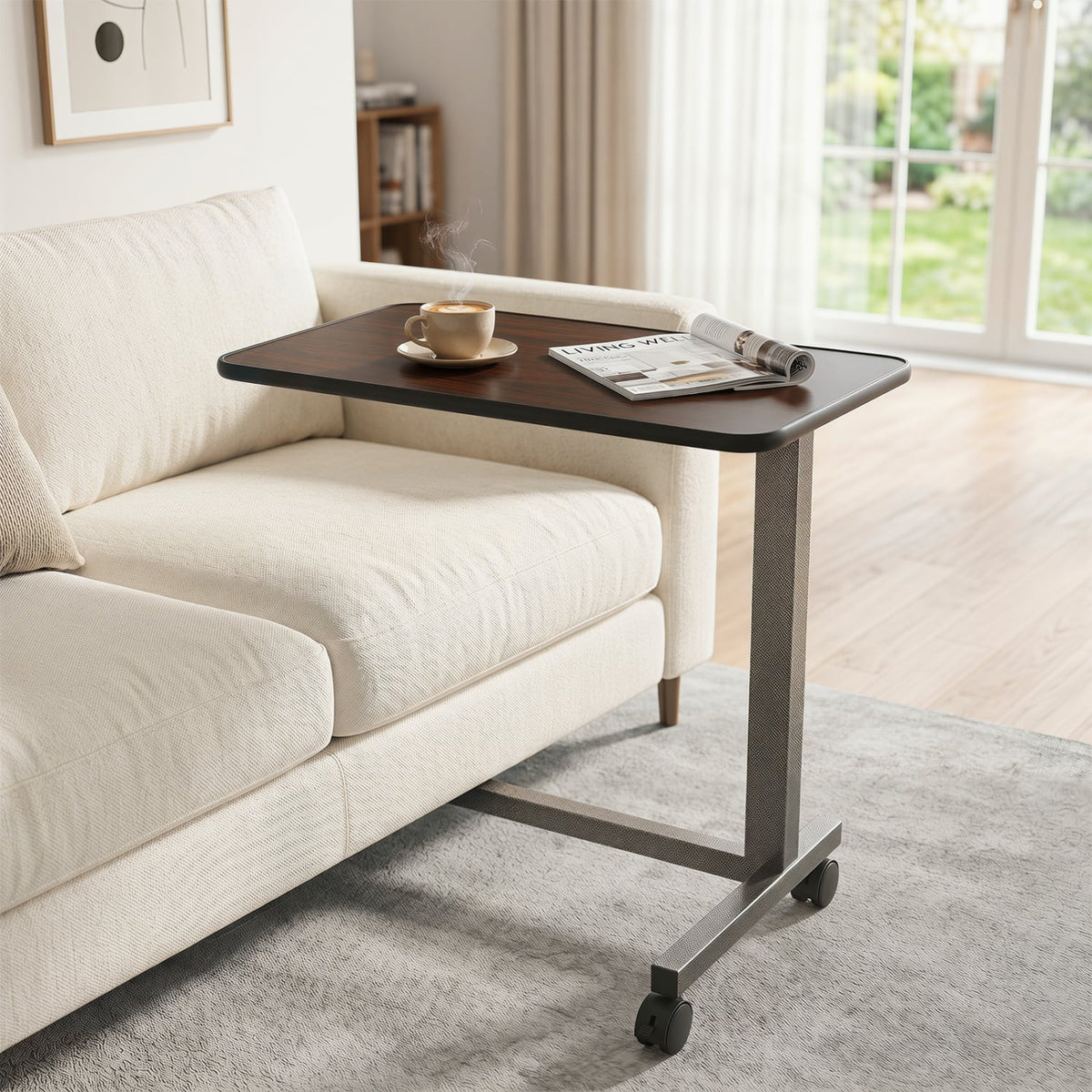 Overbed Table with Lockable Rolling Wheels and Sturdy H-Shaped Base for Hospital and Home Use-Walnut view 2