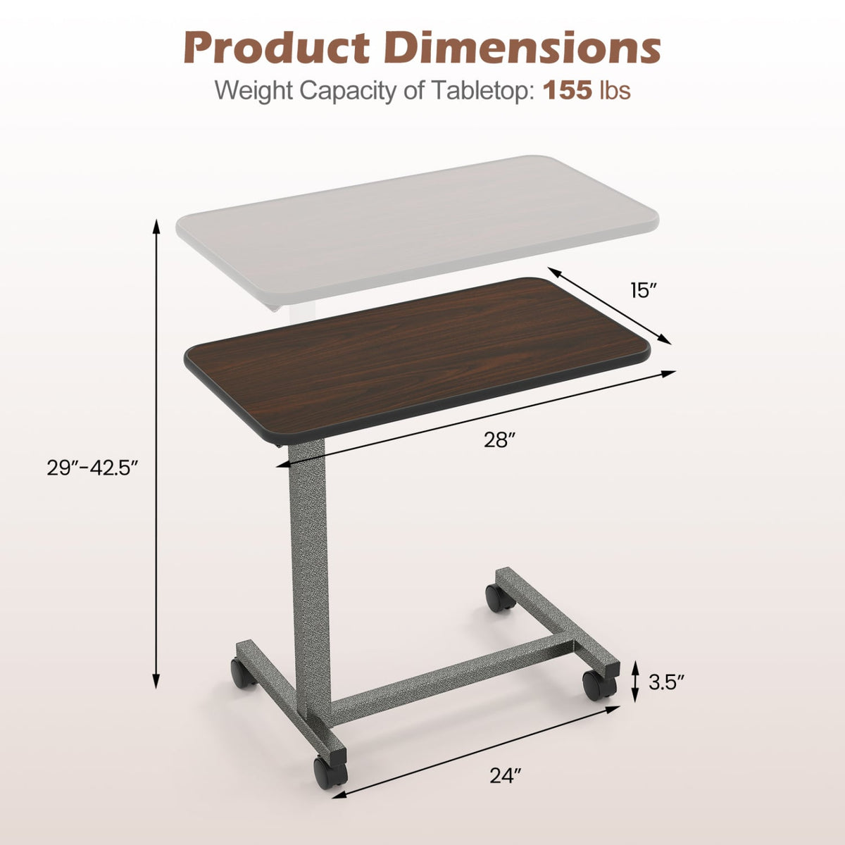 Overbed Table with Lockable Rolling Wheels and Sturdy H-Shaped Base for Hospital and Home Use-Walnut view 5