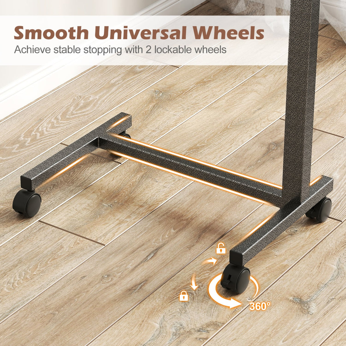 Overbed Table with Lockable Rolling Wheels and Sturdy H-Shaped Base for Hospital and Home Use-Walnut view 8