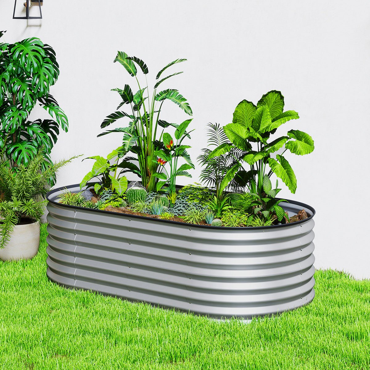 5 x 2.5 x 2 ft Galvanized Raised Garden Bed, Easy DIY Oval Planter Box with Safety Edging and Gloves, Silver