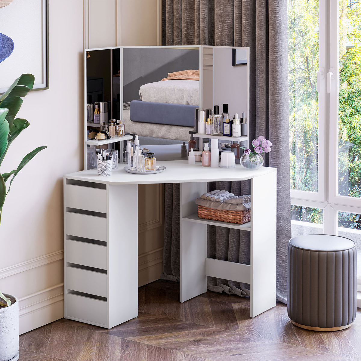 Corner Vanity Desk with Mirror, Makeup Vanity Table with 5 Drawers and Open Shelves – view 14