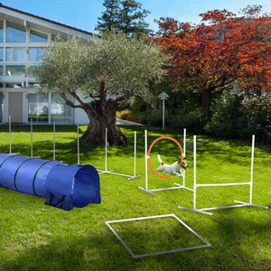 5Pcs Dog Agility Training Equipment with 8.7KG Net Weight, Pet Agility Set with Tunnels, Adjustable Jump Ring, Jumper, Weave Poles, Square Pause Box, Carrying Bag, Whistle