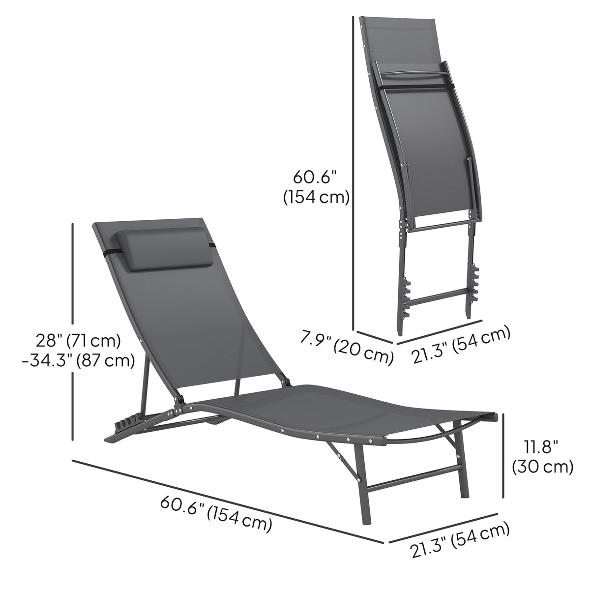 Folding Outdoor Chaise Lounge Chair Set of 2 with Adjustable Backrest, Headrest, Mesh Seat for Beach, Poolside, Grey