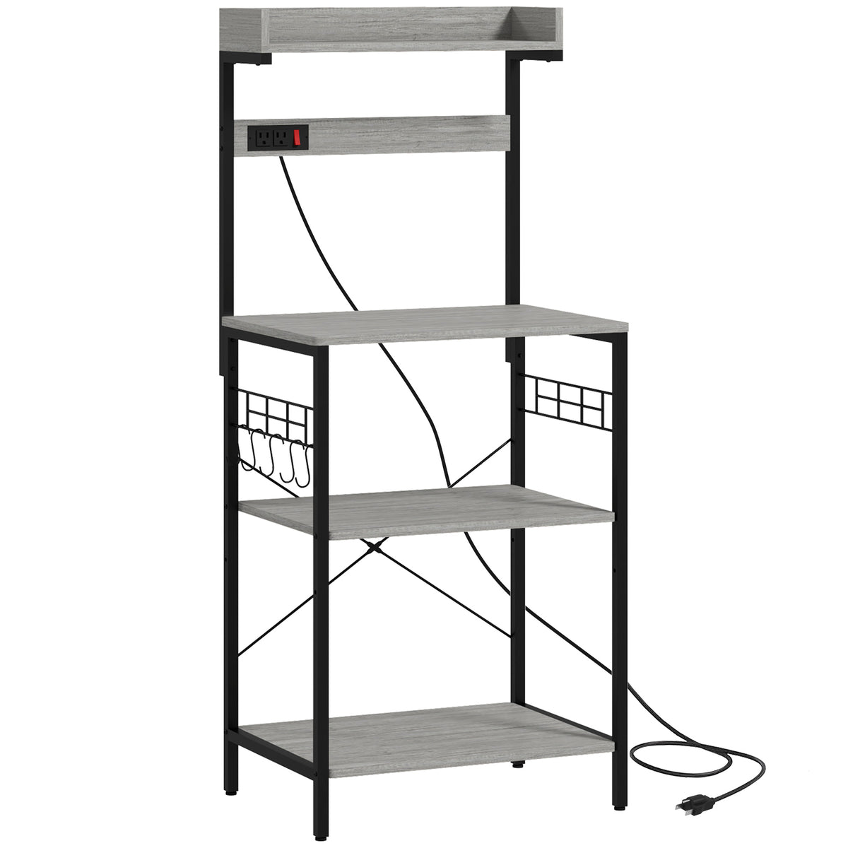 Kitchen Baker's Rack with Power Outlet, Coffee Bar Station with Adjustable Shelves and Hooks
