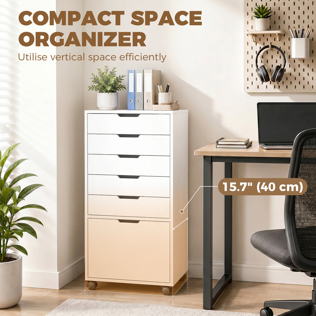 File Cabinet on Wheels Mobile Printer Stand with 6 Drawers for Home Office White