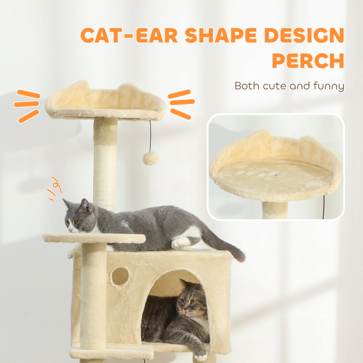 63 Inch Cat Tree with Sisal Scratching Posts, Condos, Plush Perches, Hammock, Ladder, Dangling Balls, Beige – view 4