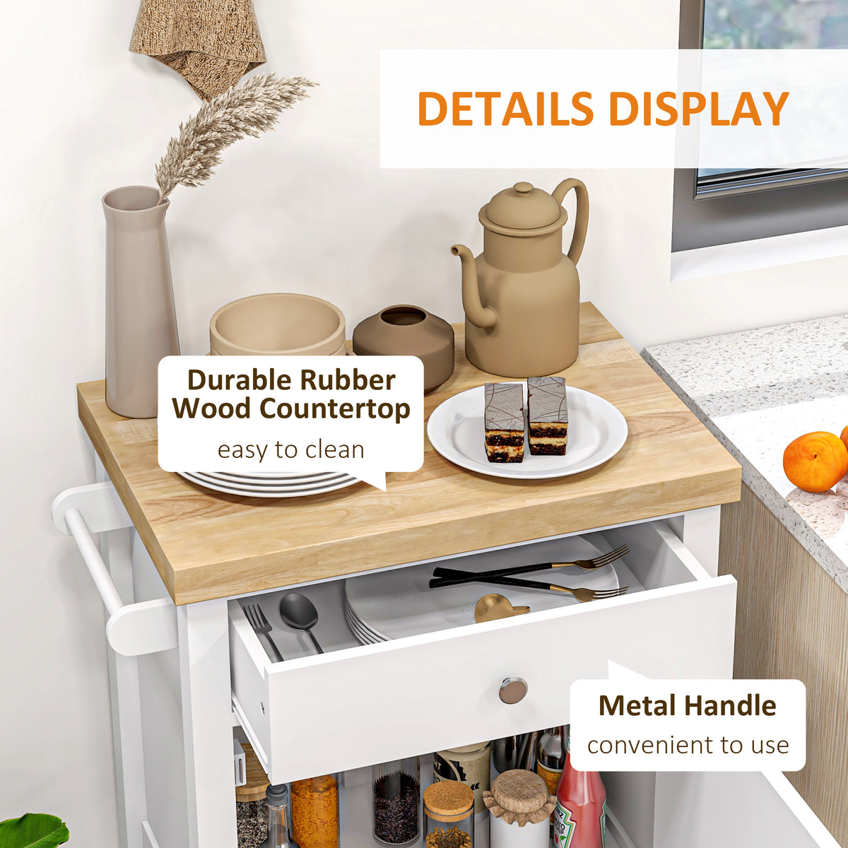 Kitchen Cart on Wheels, Rolling Kitchen Island Cart with Wood Top, Towel Rack – view 19