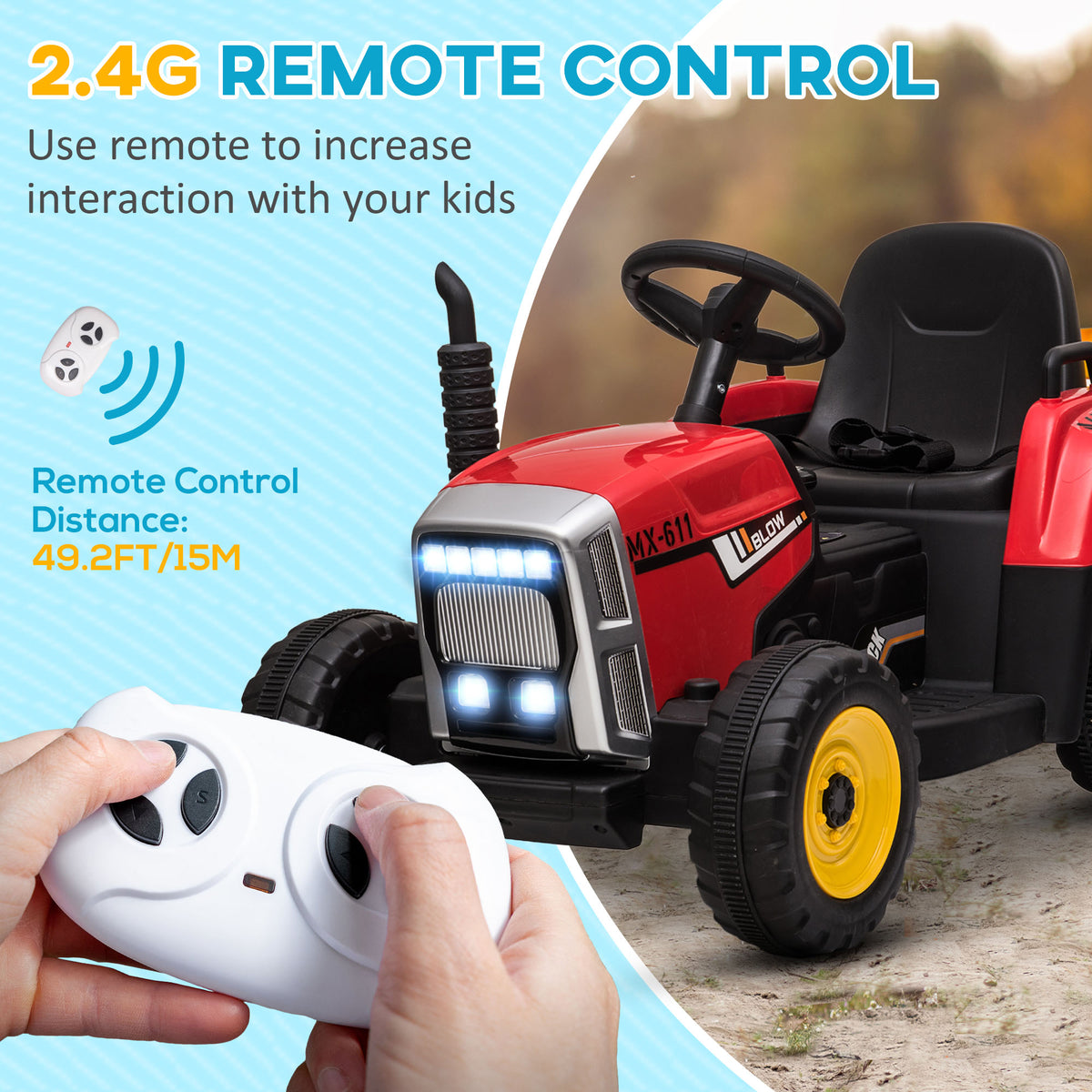Aosom 12V Kids Ride on Tractor with Trailer, Battery Powered Electric Kids Car with Remote Control, Music Start up Sound and Horn, USB, LED Lights