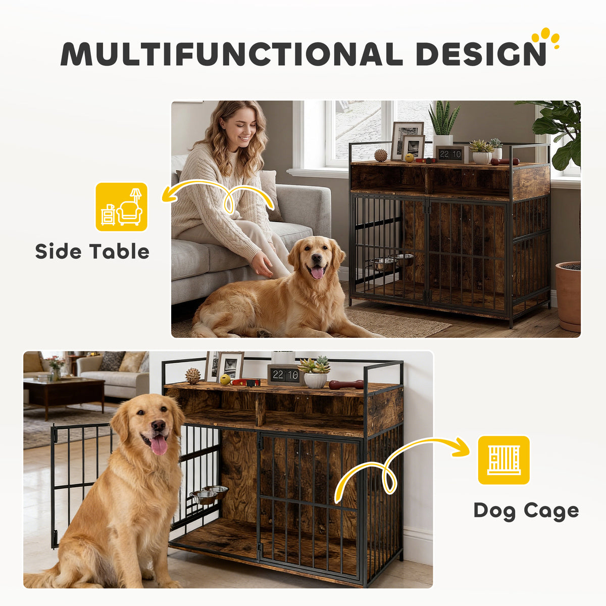 Dog Crate Furniture with Rotating Feeding Station Dog Kennel End Table Storage Shelves, Rustic Brown