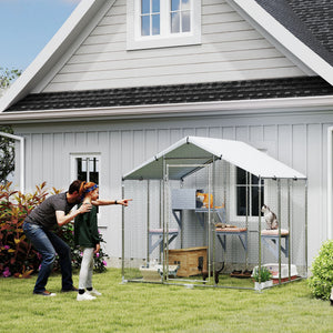 79" Extra Large Metal Outdoor Catio with Waterproof Cover, Resting Box, 4 Platforms, for Multiple Rabbits, Chicken
