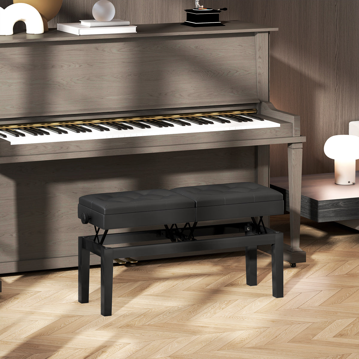 Piano Bench with Storage, Height Adjustable Piano Stool, PU Leather Tufted Keyboard Seat, Black