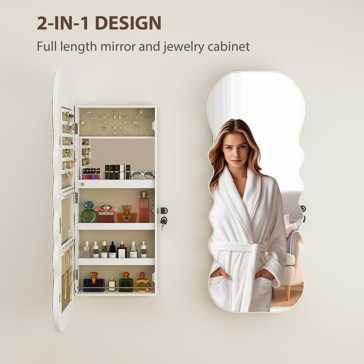 Jewelry Armoire Cabinet with Lights, Wall Mounted or Door Hanging Mirror Jewelry Cabinet with Full Length Mirror, White
