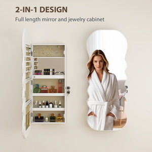 Jewelry Armoire Cabinet with Lights, Wall Mounted or Door Hanging Mirror Jewelry Cabinet with Full Length Mirror, White