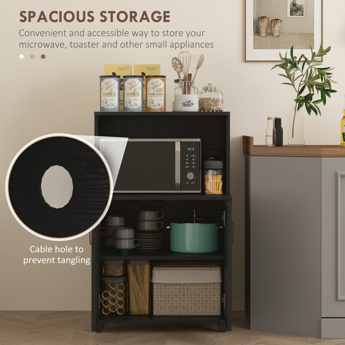 Microwave Cart on Wheels Utility Trolley Storage Sideboard Bookcase with 2-door Cabinet, Grey Wood Grain