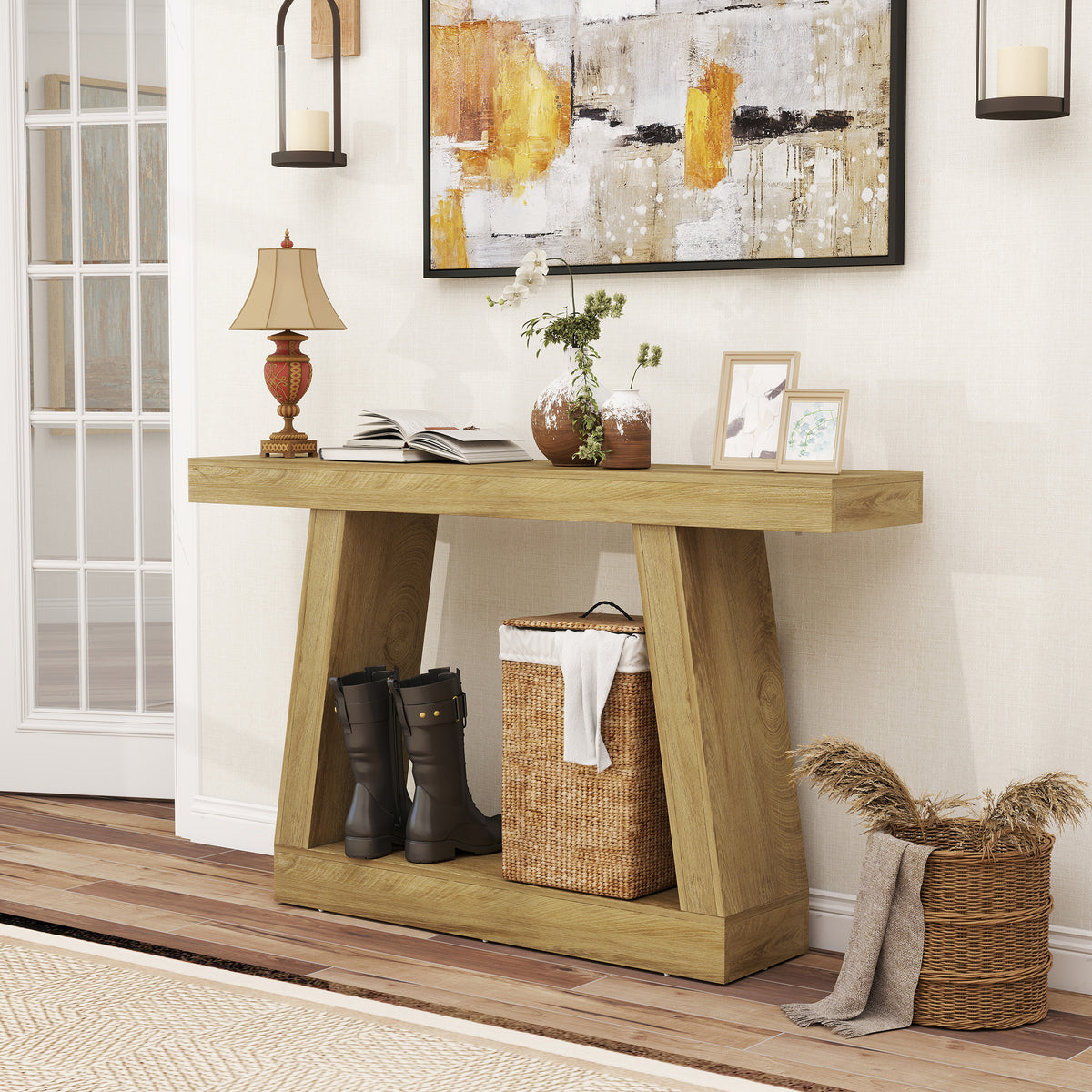 55" Farmhouse Console Table, 2-Tier Entryway Table with Storage for Hallway, Living Room, Behind Couch,  Oak